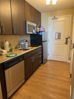 Kitchenette area at Townplace Suites Flamingo Crossings- pet friendly hotel near Disney World