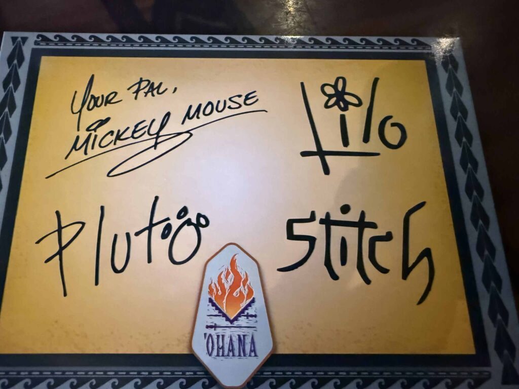 signature card at 'Ohana character breakfast, Disney World 