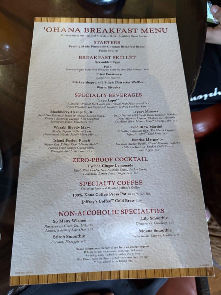 Menu at 'Ohana character breakfast