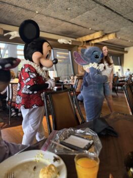 Mickey and Stitch at 'Ohana character breakfast, Disney World