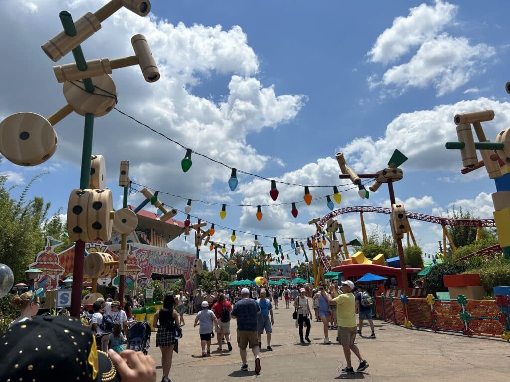 Toy Story Land overview with Slinky Dog Dash coaster Disney World