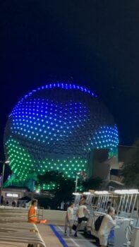 EPCOT Spaceship Earth colorful nighttime lighting display Disney World"