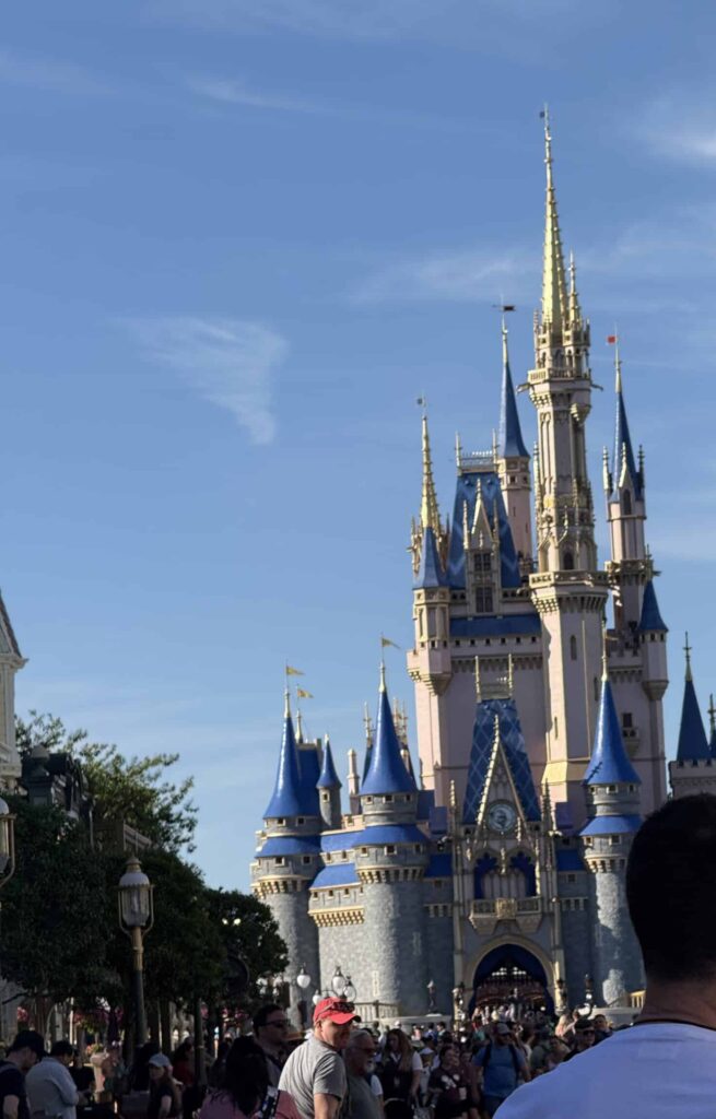 Magic Kingdom Review: What to Ride, Where to Eat, & Fireworks Tips 2 Cinderella Castle during the day with blue rooftops at Magic Kingdom in Walt Disney World