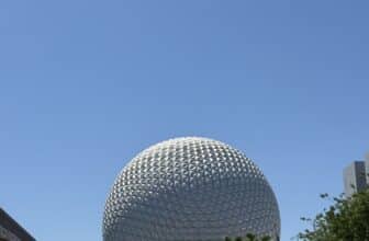 Spaceship Earth at EPCOT under clear blue sky Disney World
