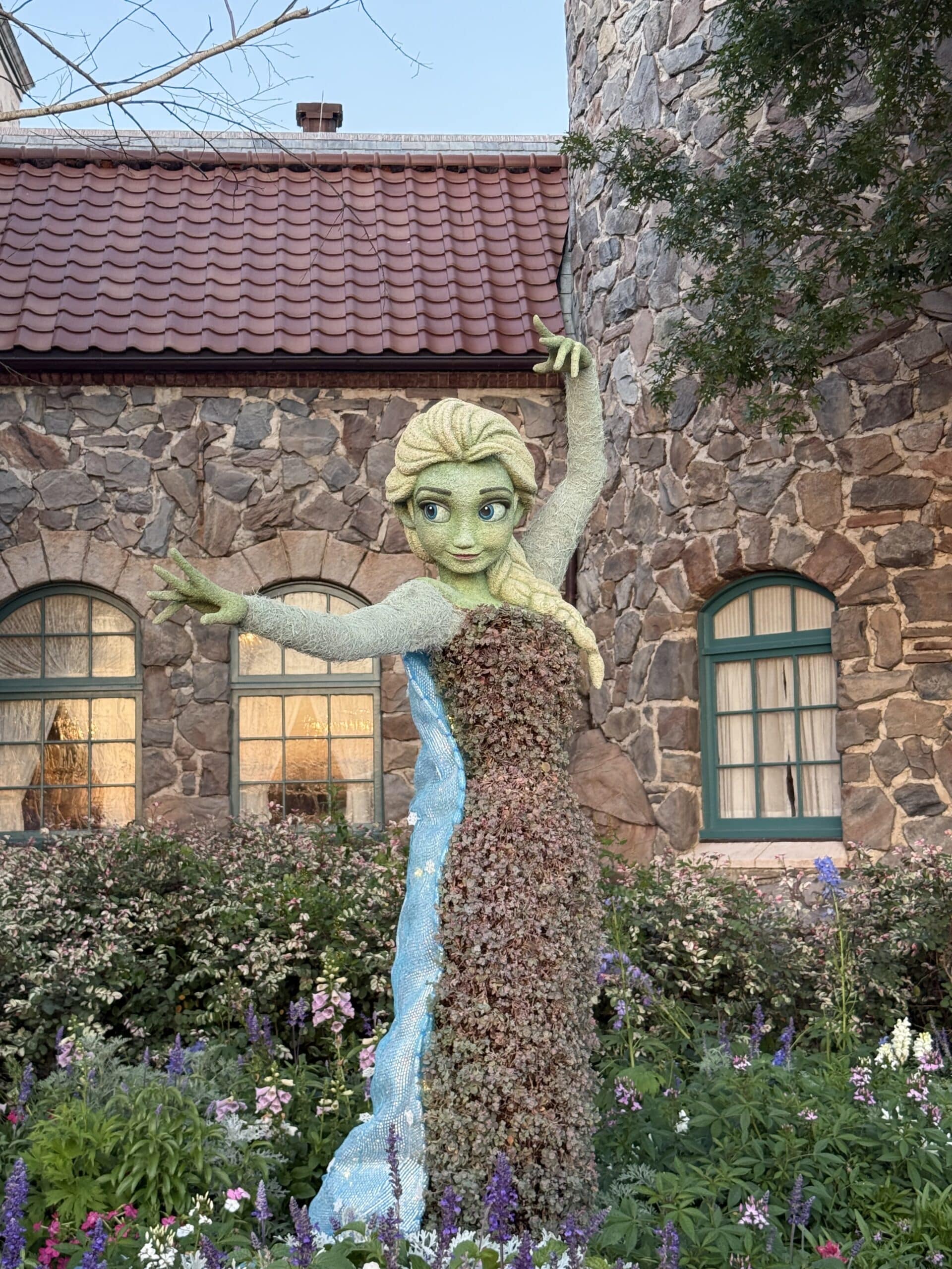 Frozen Elsa topiary display in Norway pavilion EPCOT World Showcase