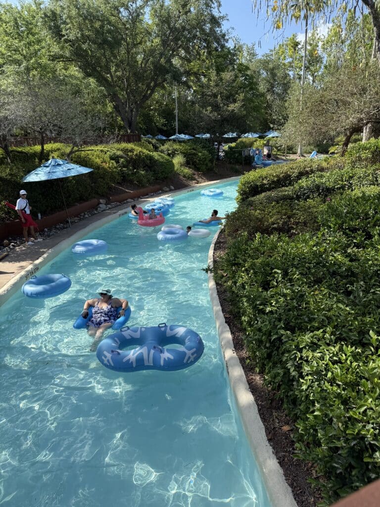 Lazy river at Disney’s Blizzard Beach Water Park with guests floating in tubes