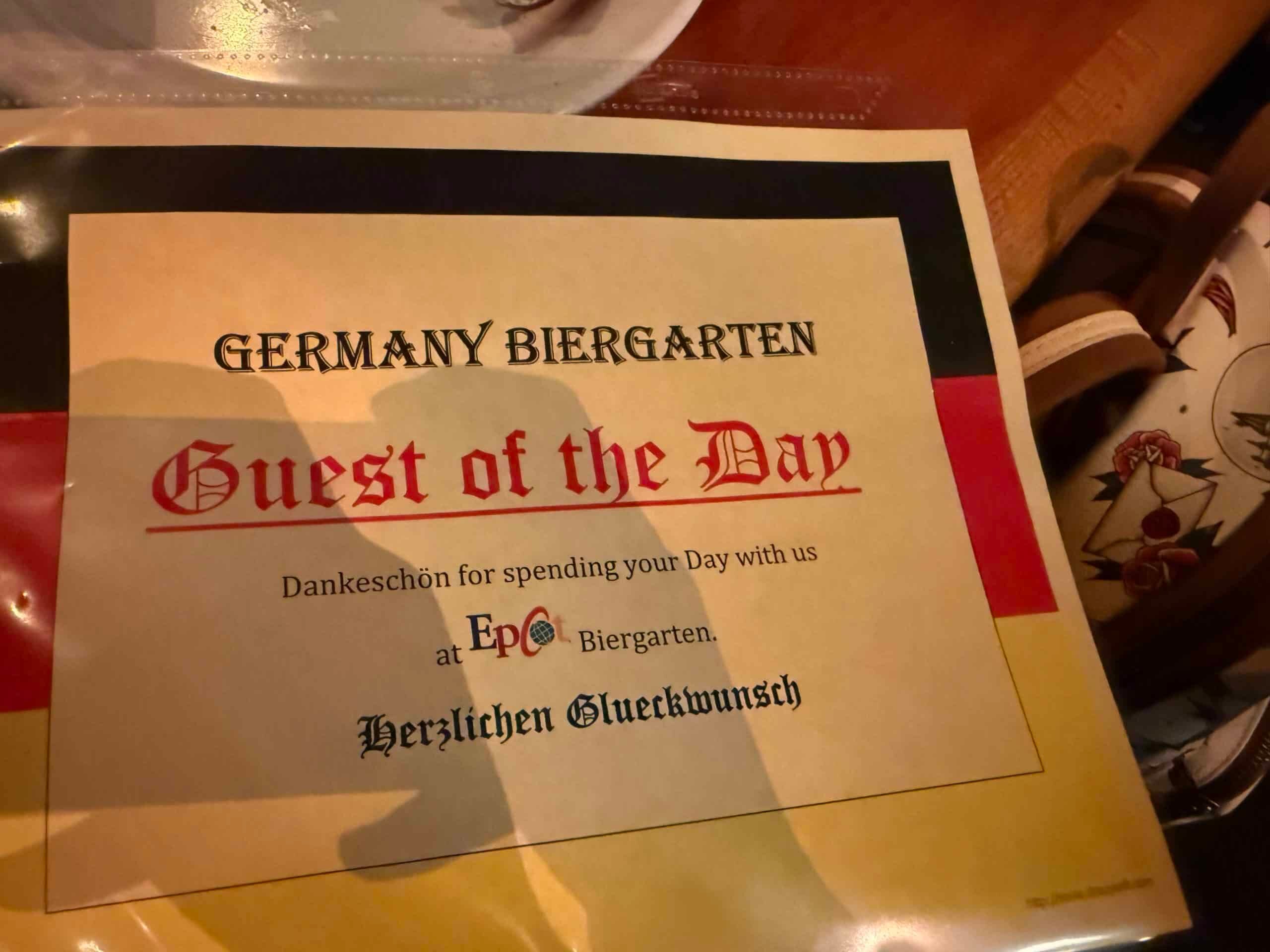 Our 6-Day Disney World Itinerary as Annual Passholders: April 2026 23 Guest of the day award at Biergarten Restaurant